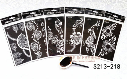 6pcs/lot  Mehndi Indian Henna Tattoo Stencil reuseable Henna Tatoo Template Professional Tattoos Stencil For hand Painting bride.