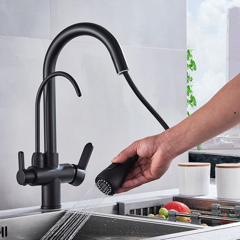Matte Black Pure Water Filter Kitchen Faucet Dual Handle Hot and Cold Drinking Water Pull Out  Kitchen Mixer Taps