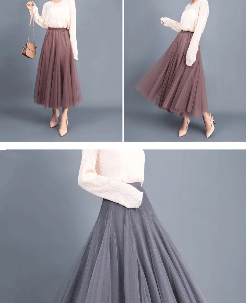 OHRYIYIE Beige Maxi Long Skirt Spring Autumn Womens 2025 New Summer Tulle Skirt Party Mesh A-line Skirts Female Jupe Longue.