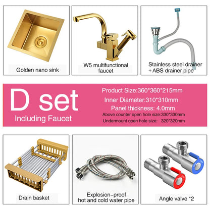 SUS 304 Stainless Steel Luxury Gold Nanometer Island Kitchen Sink Manual Single Bar Counter Mini Kitchen Sinks