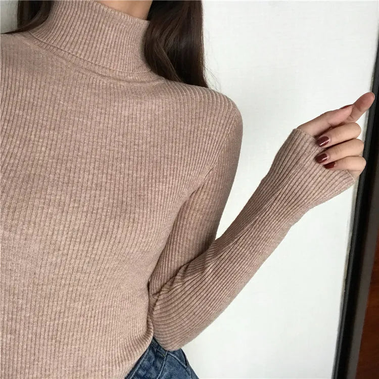 2025 herbst Winter Dicken Pullover Frauen Gestrickte Rippen Pullover Pullover Langarm Rollkragen Schlank Jumper Weiche Warme Pull Femme.
