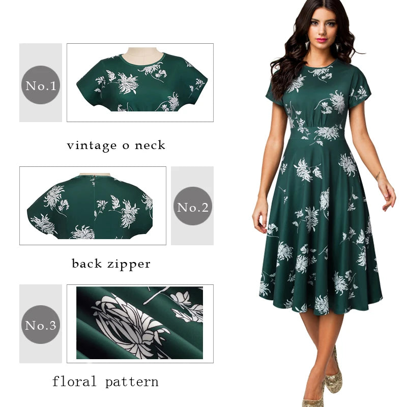 Nice-forever Vintage Elegante Blumen Druck Plissee Rundhals vestidos A-Line Pinup Business Party Frauen Flare Swing Kleid A102.