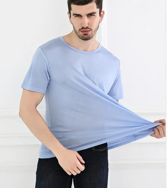 Men's Spring Summer Thin 100% Natural Silk T-shirt Male Elastic Casual Breathable Summer Silk Shirt Tops TB1167.