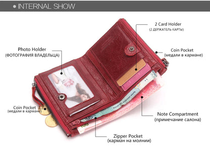 Fashion Genuine Leather Women Wallet Bi-fold Wallets Red ID Card Holder Coin Purse With Double Zipper Small Women's Purse 2022.