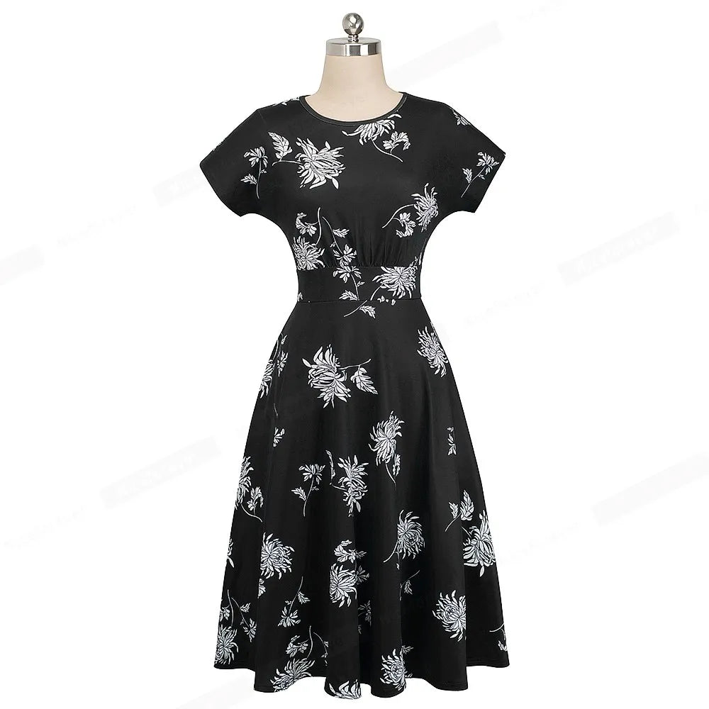 Nice-forever Vintage Elegante Blumen Druck Plissee Rundhals vestidos A-Line Pinup Business Party Frauen Flare Swing Kleid A102