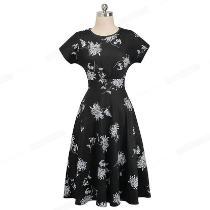 Nice-forever Vintage Elegante Blumen Druck Plissee Rundhals vestidos A-Line Pinup Business Party Frauen Flare Swing Kleid A102