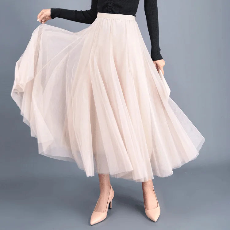 OHRYIYIE Beige Maxi Long Skirt Spring Autumn Womens 2025 New Summer Tulle Skirt Party Mesh A-line Skirts Female Jupe Longue
