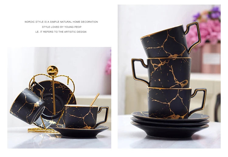 Marble Ceramic Coffee Cup Saucer Spoon Set 200ml Nordic Tea Cup Matt Porcelain Tea Set Advanced Teacup Cafe Espresso Cup