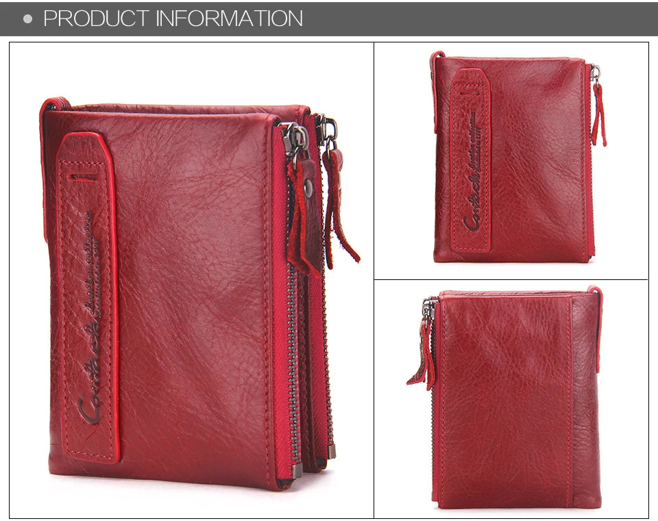 Fashion Genuine Leather Women Wallet Bi-fold Wallets Red ID Card Holder Coin Purse With Double Zipper Small Women's Purse 2022.