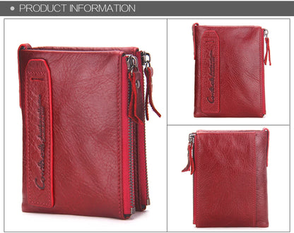 Fashion Genuine Leather Women Wallet Bi-fold Wallets Red ID Card Holder Coin Purse With Double Zipper Small Women's Purse 2022.
