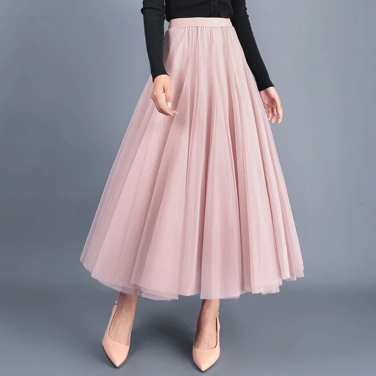 OHRYIYIE Beige Maxi Long Skirt Spring Autumn Womens 2025 New Summer Tulle Skirt Party Mesh A-line Skirts Female Jupe Longue