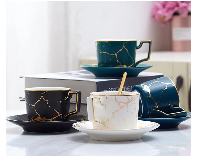 Marble Ceramic Coffee Cup Saucer Spoon Set 200ml Nordic Tea Cup Matt Porcelain Tea Set Advanced Teacup Cafe Espresso Cup.