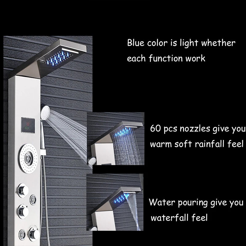 LED Light Bathroom Shower Faucet Set LED Rainfall Shower Panel System Bathtub Water Mixer Tap Massage SPA Temperature Screen