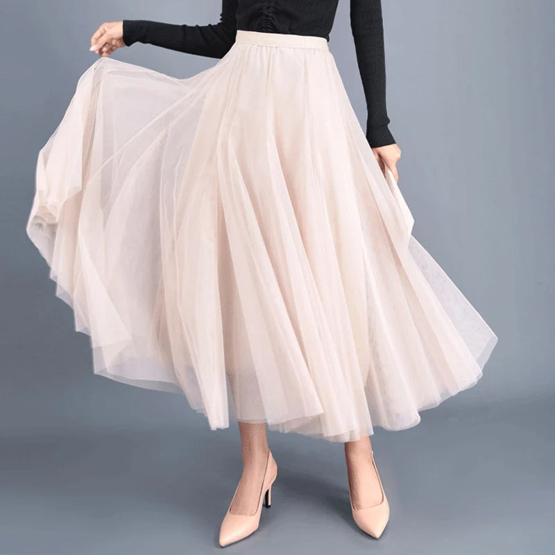 OHRYIYIE Beige Maxi Long Skirt Spring Autumn Womens 2025 New Summer Tulle Skirt Party Mesh A-line Skirts Female Jupe Longue.
