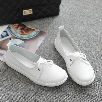 WOIZGIC Women Students Gril Female Genuine Leather White Shoes Flats Platform Lace Up Korean Casual Vulcanized Shoes FEZ-173