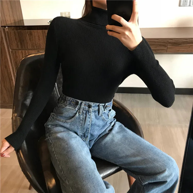 2025 herbst Winter Dicken Pullover Frauen Gestrickte Rippen Pullover Pullover Langarm Rollkragen Schlank Jumper Weiche Warme Pull Femme.