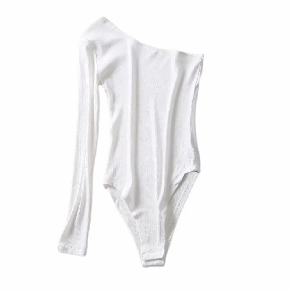 Sexy bodysuit women off shoulder asymmetrical one long sleeve slope neckline Summer 2022 black white solid swimsuit female.