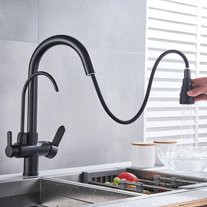 Matte Black Pure Water Filter Kitchen Faucet Dual Handle Hot and Cold Drinking Water Pull Out  Kitchen Mixer Taps
