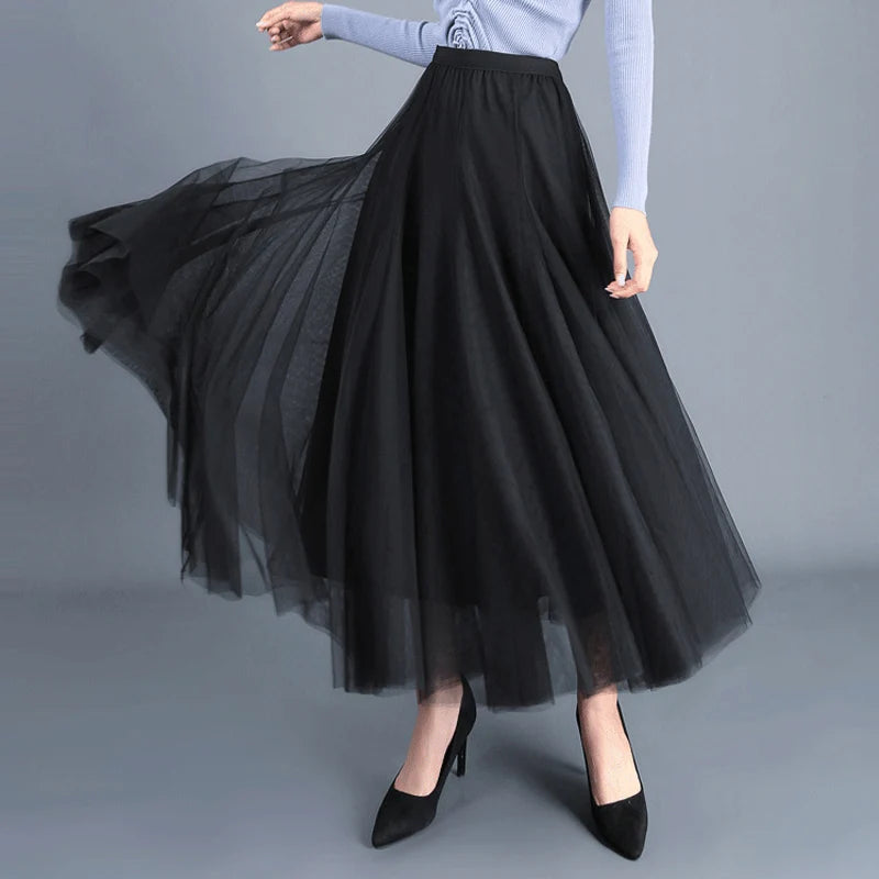 OHRYIYIE Beige Maxi Long Skirt Spring Autumn Womens 2025 New Summer Tulle Skirt Party Mesh A-line Skirts Female Jupe Longue.