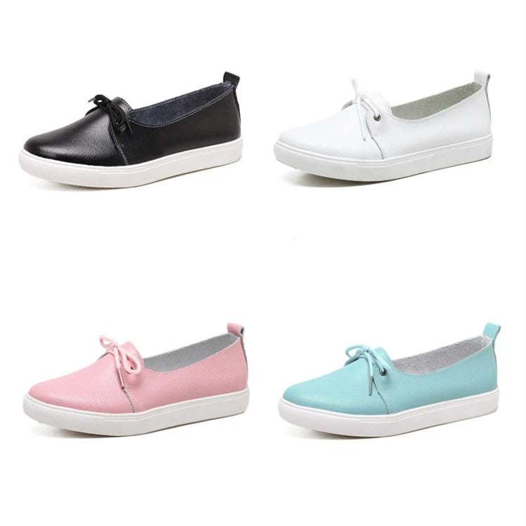 WOIZGIC Women Students Gril Female Genuine Leather White Shoes Flats Platform Lace Up Korean Casual Vulcanized Shoes FEZ-173.