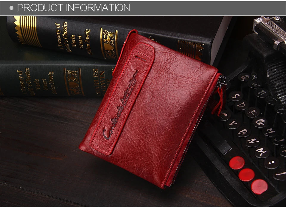 Fashion Genuine Leather Women Wallet Bi-fold Wallets Red ID Card Holder Coin Purse With Double Zipper Small Women's Purse 2022.