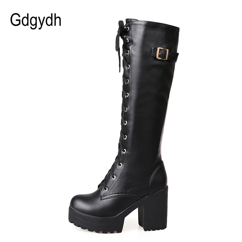 Gdgydh Hot Sale Spring Autumn Lacing Knee High Boots Women Fashion White Square Heel Woman Leather Shoes Winter PU Large Size 43.