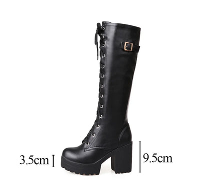 Gdgydh Hot Sale Spring Autumn Lacing Knee High Boots Women Fashion White Square Heel Woman Leather Shoes Winter PU Large Size 43.