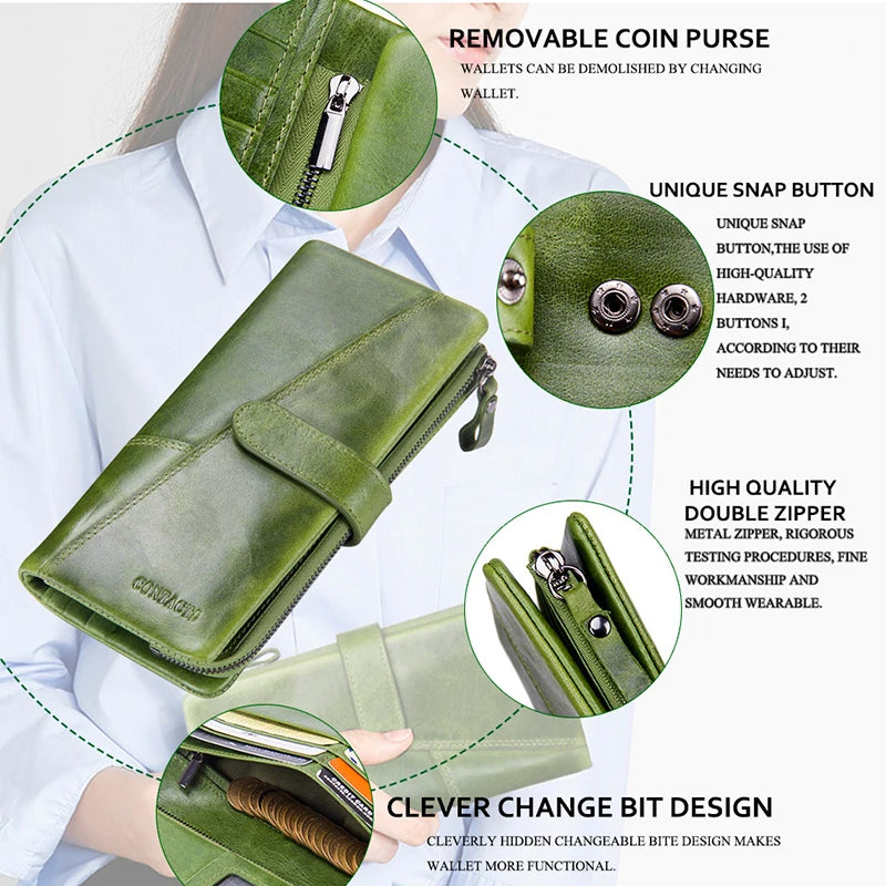 Contact's New Genuine Leather Wallet Fashion Coin Purse For Ladies Women Long Clutch Wallets With Cell Phone Bags Card Holder.