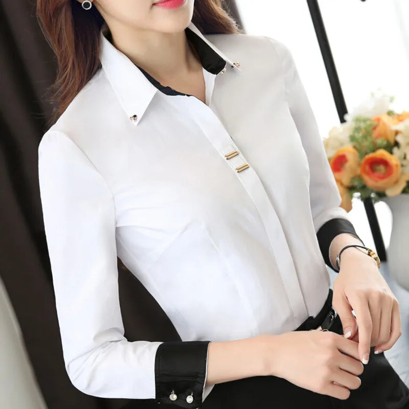 Fashion Clothes OL Women Long Sleeve Shirt Black White Slim Patchwork Sequined Cotton Blouse Office Ladies Formal Tops.