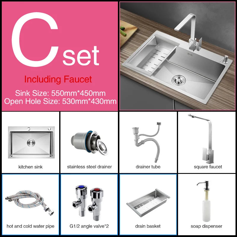 Kitchen sink lead-free handmade brushed 304 stainless steel 3mm thickness single bowl large size kitchen sink