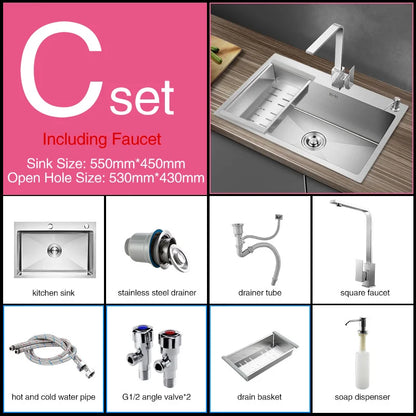 Kitchen sink lead-free handmade brushed 304 stainless steel 3mm thickness single bowl large size kitchen sink