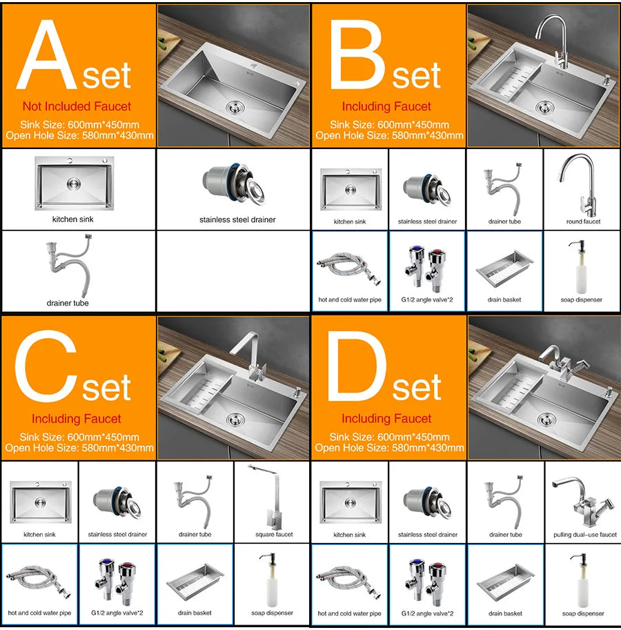 Kitchen sink lead-free handmade brushed 304 stainless steel 3mm thickness single bowl large size kitchen sink