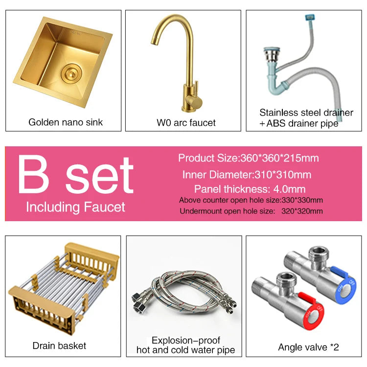 SUS 304 Stainless Steel Luxury Gold Nanometer Island Kitchen Sink Manual Single Bar Counter Mini Kitchen Sinks