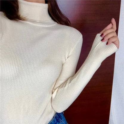 2025 herbst Winter Dicken Pullover Frauen Gestrickte Rippen Pullover Pullover Langarm Rollkragen Schlank Jumper Weiche Warme Pull Femme.
