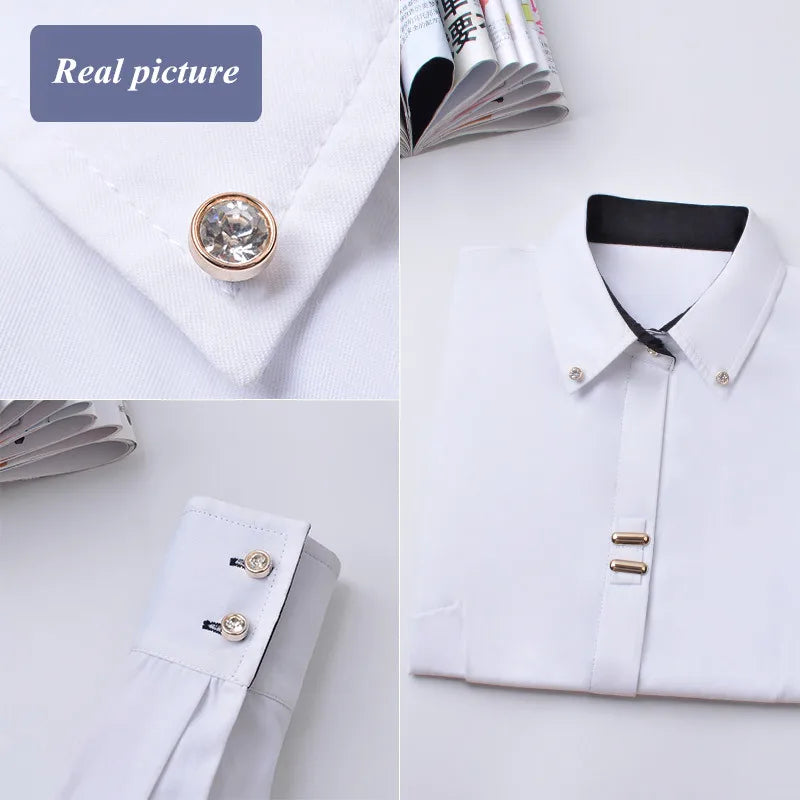 Fashion Clothes OL Women Long Sleeve Shirt Black White Slim Patchwork Sequined Cotton Blouse Office Ladies Formal Tops.