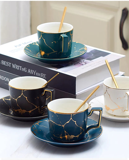 Marble Ceramic Coffee Cup Saucer Spoon Set 200ml Nordic Tea Cup Matt Porcelain Tea Set Advanced Teacup Cafe Espresso Cup