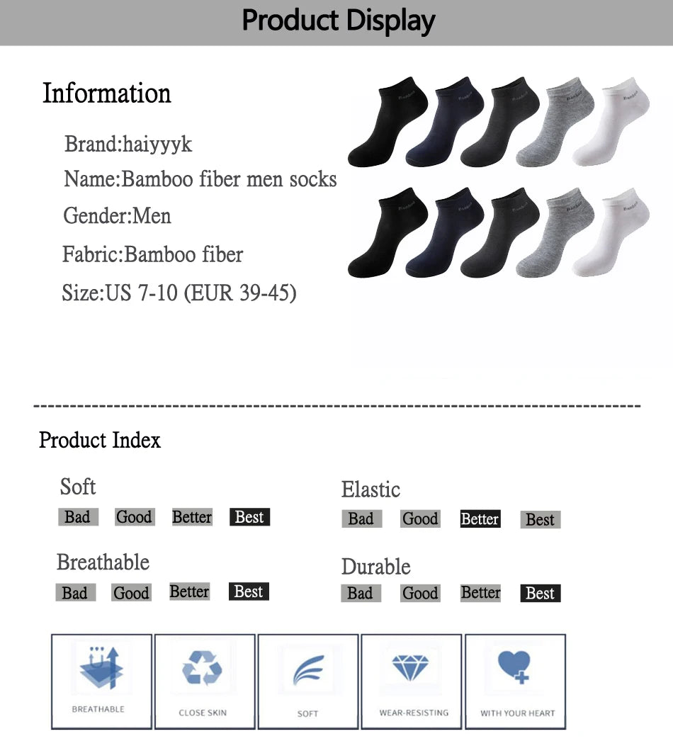 10 Pairs / Pack Men's Bamboo Fiber Socks Short High Quality New Casual Breatheable Anti-Bacterial Man Ankle Socks Men.