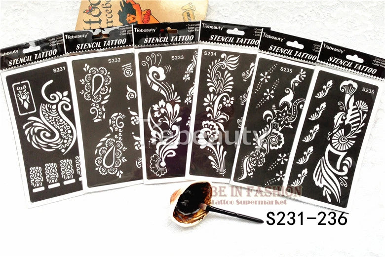 6pcs/lot  Mehndi Indian Henna Tattoo Stencil reuseable Henna Tatoo Template Professional Tattoos Stencil For hand Painting bride.