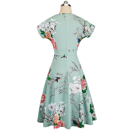 Nice-forever Vintage Elegante Blumen Druck Plissee Rundhals vestidos A-Line Pinup Business Party Frauen Flare Swing Kleid A102