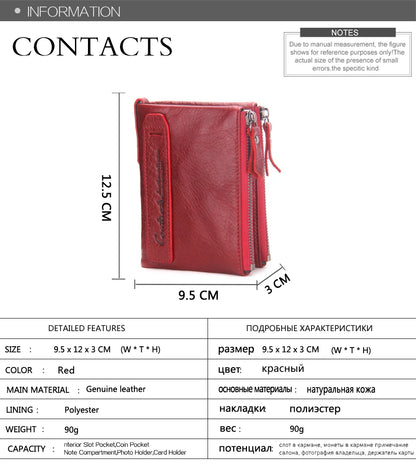 Fashion Genuine Leather Women Wallet Bi-fold Wallets Red ID Card Holder Coin Purse With Double Zipper Small Women's Purse 2022.