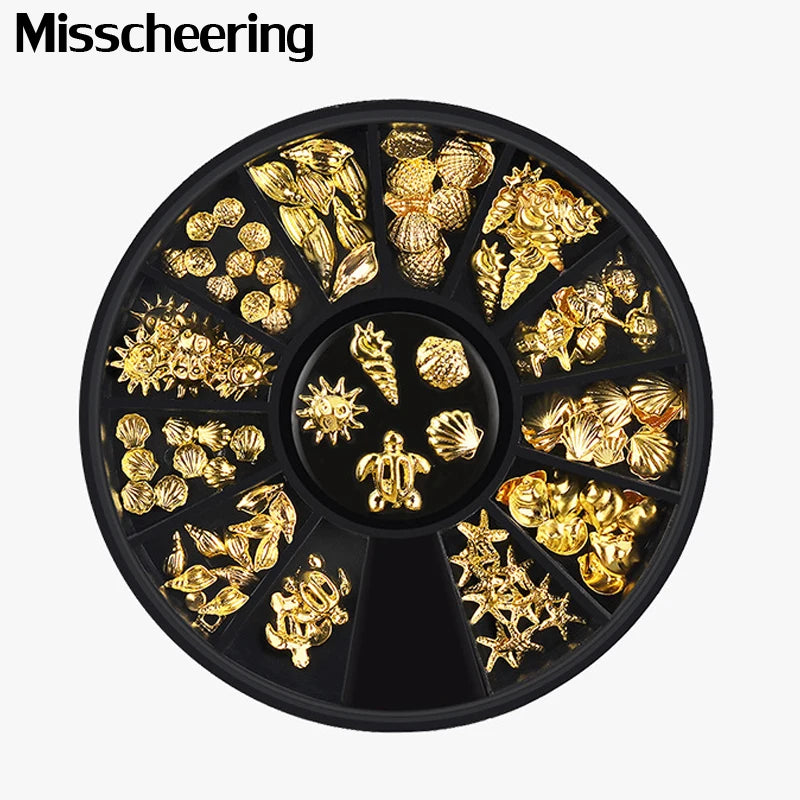 1 Box Gold Ocean Theme Metal Studs Sea Starfish Shell Turtle Slice Flakes 3d Nail Art Decoration In Wheel DIY UV Manicure Tools.