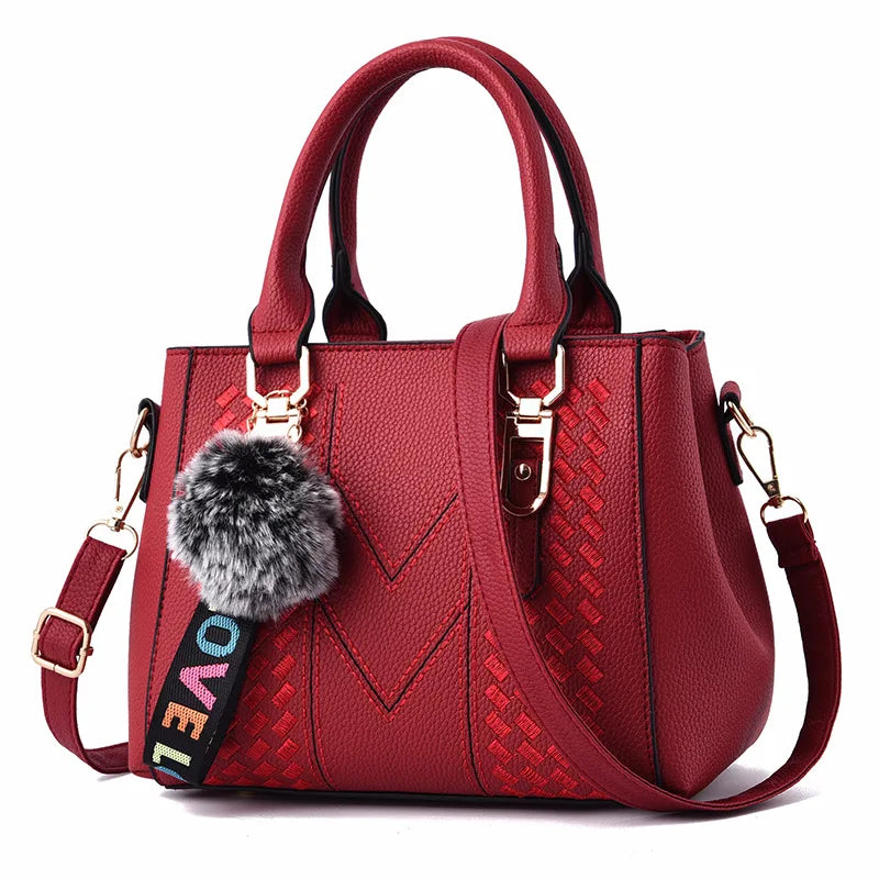 Embroidery Messenger Bags Women Leather Handbags Bags for Women Sac a Main Ladies hair ball Hand Bag.
