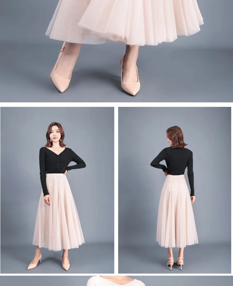 OHRYIYIE Beige Maxi Long Skirt Spring Autumn Womens 2025 New Summer Tulle Skirt Party Mesh A-line Skirts Female Jupe Longue.