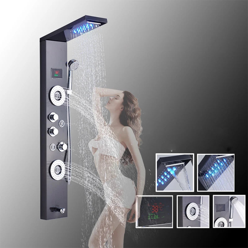 LED Light Bathroom Shower Faucet Set LED Rainfall Shower Panel System Bathtub Water Mixer Tap Massage SPA Temperature Screen