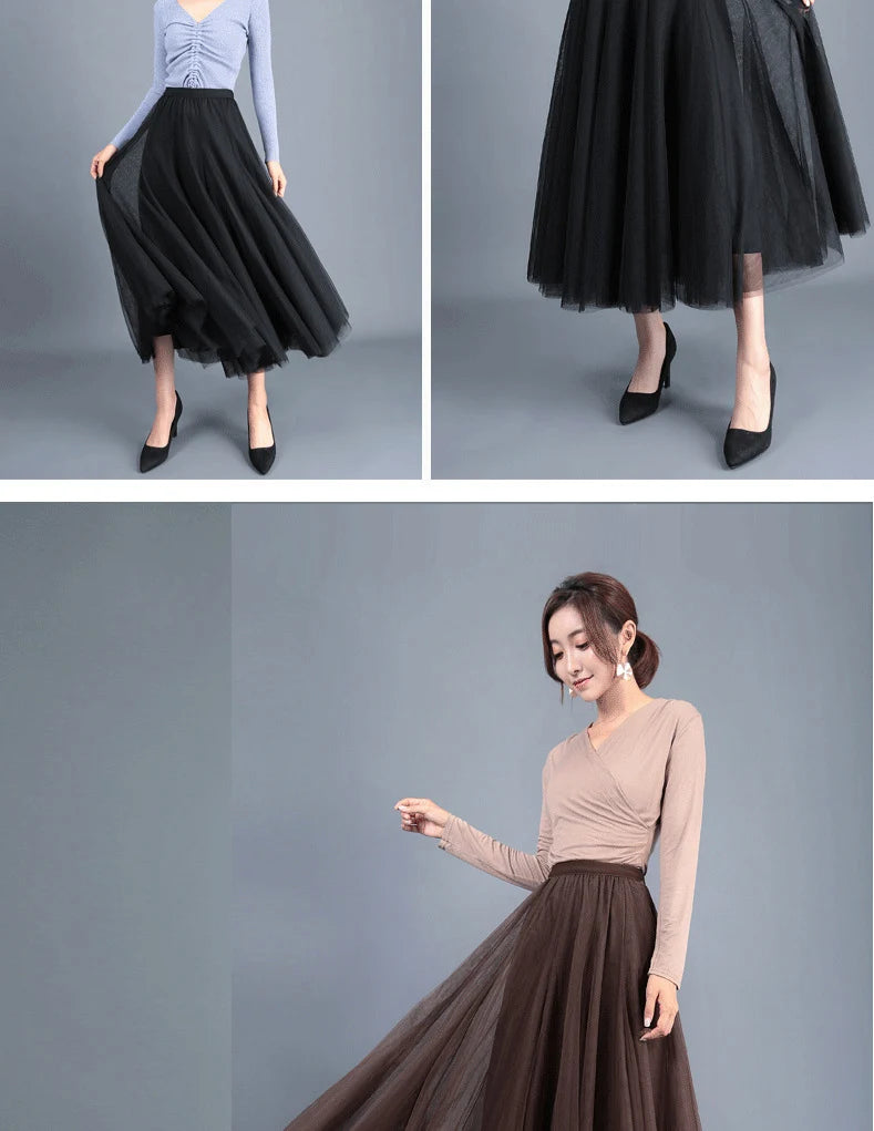 OHRYIYIE Beige Maxi Long Skirt Spring Autumn Womens 2025 New Summer Tulle Skirt Party Mesh A-line Skirts Female Jupe Longue.