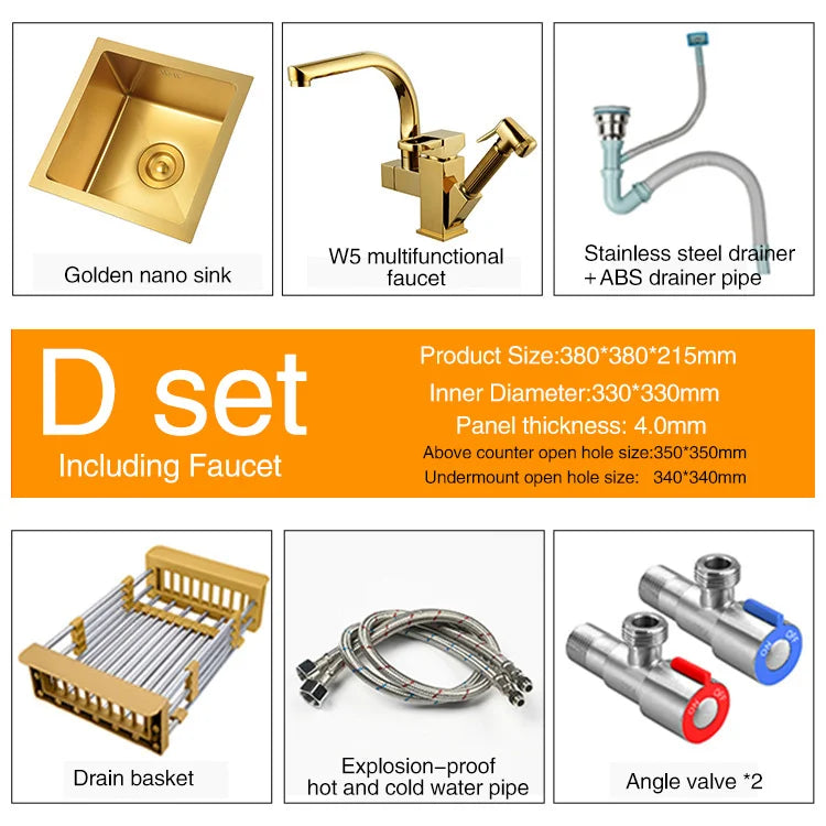 SUS 304 Stainless Steel Luxury Gold Nanometer Island Kitchen Sink Manual Single Bar Counter Mini Kitchen Sinks