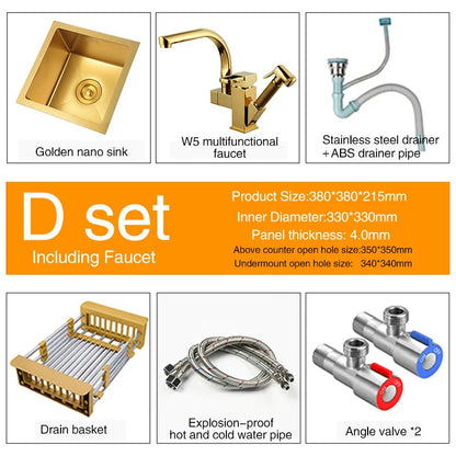 SUS 304 Stainless Steel Luxury Gold Nanometer Island Kitchen Sink Manual Single Bar Counter Mini Kitchen Sinks