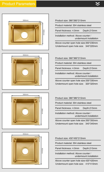 SUS 304 Stainless Steel Luxury Gold Nanometer Island Kitchen Sink Manual Single Bar Counter Mini Kitchen Sinks