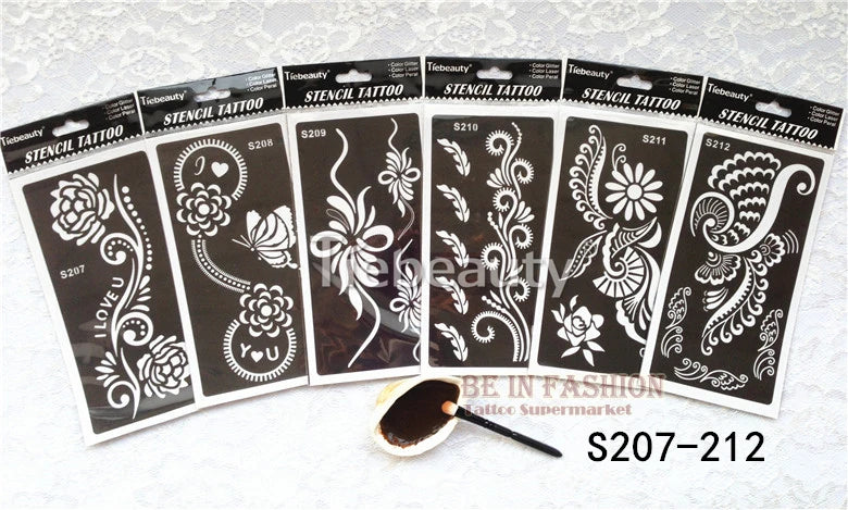 6pcs/lot  Mehndi Indian Henna Tattoo Stencil reuseable Henna Tatoo Template Professional Tattoos Stencil For hand Painting bride.