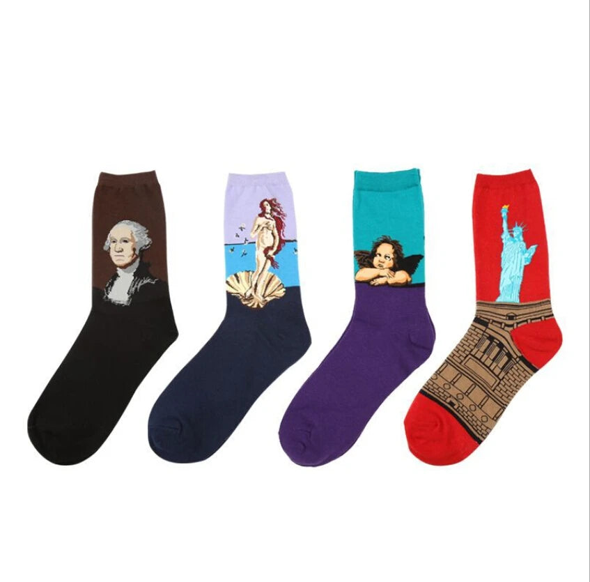 Autumn winter Retro Women Art Van Gogh Mural World Famous Oil Painting Series Men Socks Funny Socks.